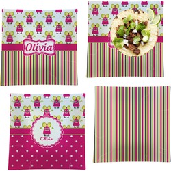 Pink Monsters & Stripes Set of 4 Glass Square Lunch / Dinner Plate 9.5" (Personalized)