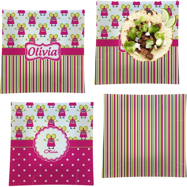 Pink Monsters & Stripes Set of Square Dinner Plates