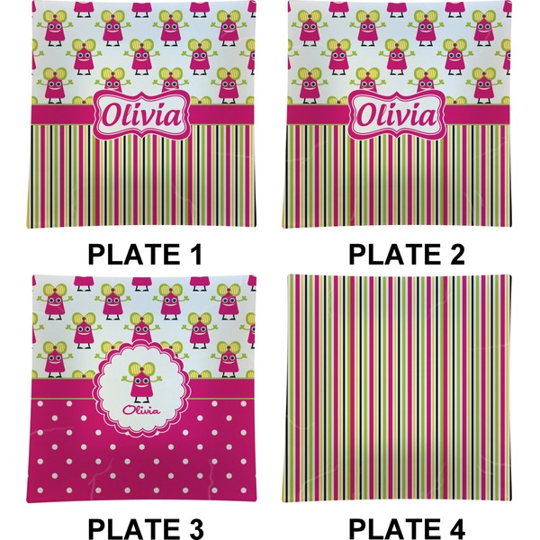 Pink Monsters & Stripes Set of Square Dinner Plates (Approval)