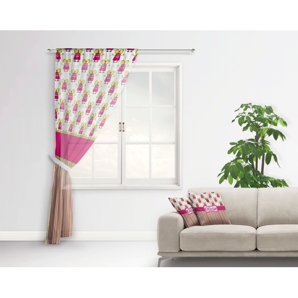 Pink Monsters & Stripes Sheer Curtain With Window and Rod - in Room Matching Pillow