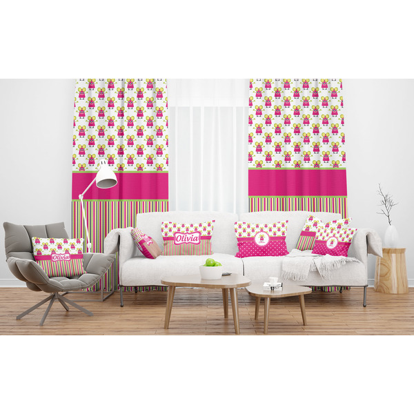 Pink Monsters & Stripes Sheer and Custom Curtains in Room with Matching Pillows