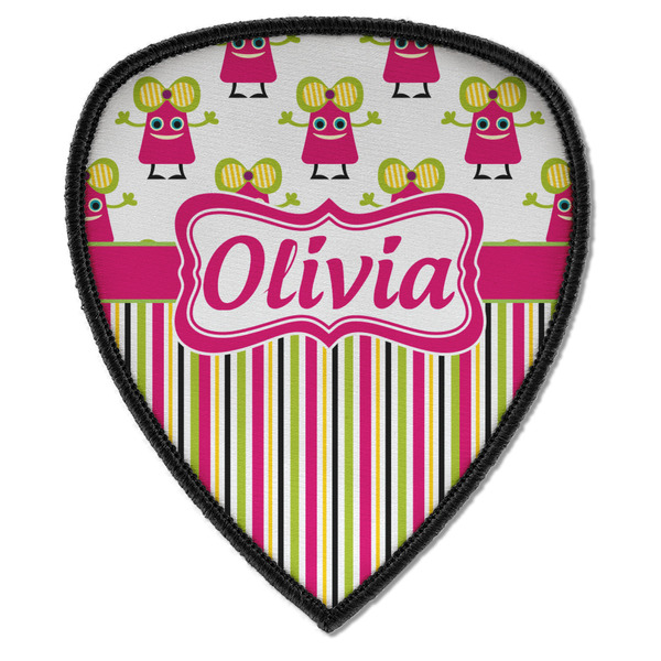 Custom Pink Monsters & Stripes Iron on Shield Patch A w/ Name or Text
