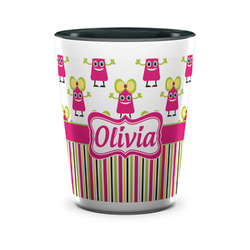 Pink Monsters & Stripes Ceramic Shot Glass - 1.5 oz - Two Tone - Set of 4 (Personalized)