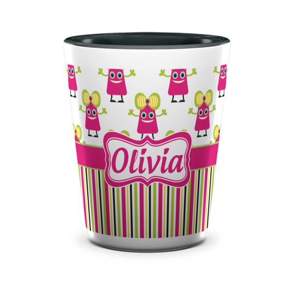 Custom Pink Monsters & Stripes Ceramic Shot Glass - 1.5 oz - Two Tone - Set of 4 (Personalized)