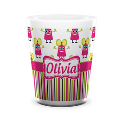 Pink Monsters & Stripes Ceramic Shot Glass - 1.5 oz - White - Set of 4 (Personalized)