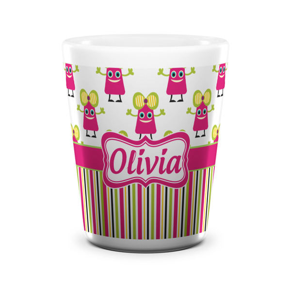 Custom Pink Monsters & Stripes Ceramic Shot Glass - 1.5 oz - White - Set of 4 (Personalized)