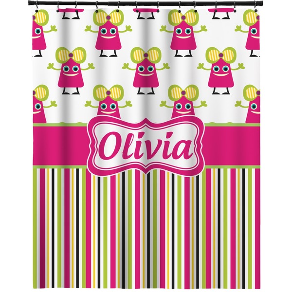 Custom Pink Monsters & Stripes Extra Long Shower Curtain - 70"x84" (Personalized)