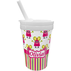 Pink Monsters & Stripes Sippy Cup with Straw (Personalized)