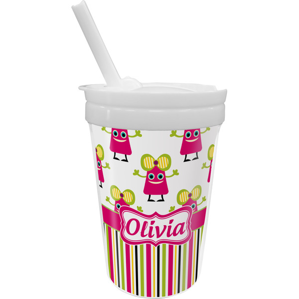 Custom Pink Monsters & Stripes Sippy Cup with Straw (Personalized)
