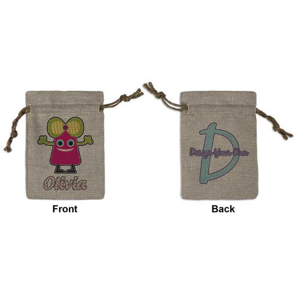 Custom Pink Monsters & Stripes Small Burlap Gift Bag - Front & Back (Personalized)