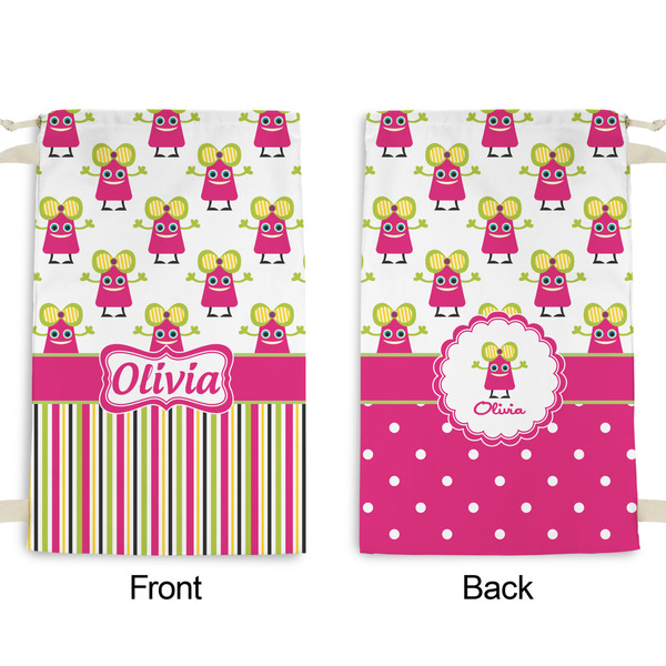 Pink Monsters & Stripes Small Laundry Bag - Front & Back View