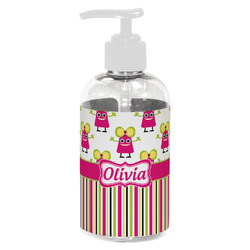 Pink Monsters & Stripes Plastic Soap / Lotion Dispenser (8 oz - Small - White) (Personalized)