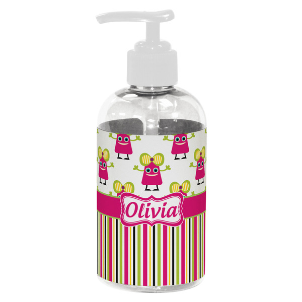 Custom Pink Monsters & Stripes Plastic Soap / Lotion Dispenser (8 oz - Small - White) (Personalized)