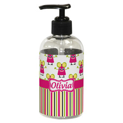 Pink Monsters & Stripes Plastic Soap / Lotion Dispenser (8 oz - Small - Black) (Personalized)