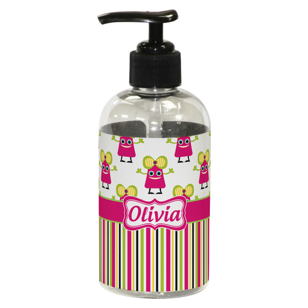 Custom Pink Monsters & Stripes Plastic Soap / Lotion Dispenser (8 oz - Small - Black) (Personalized)