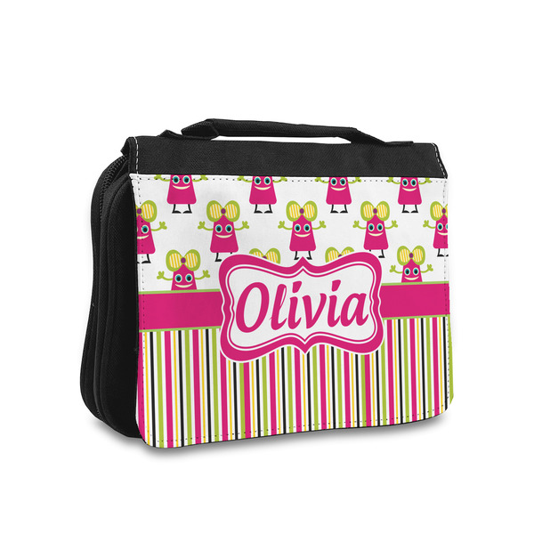 Custom Pink Monsters & Stripes Toiletry Bag - Small (Personalized)