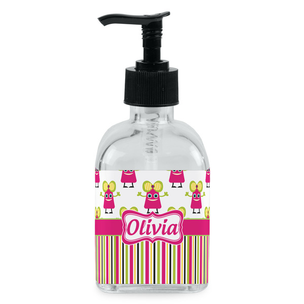 Custom Pink Monsters & Stripes Glass Soap & Lotion Bottle - Single Bottle (Personalized)