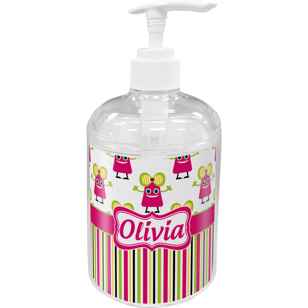 Custom Pink Monsters & Stripes Acrylic Soap & Lotion Bottle (Personalized)