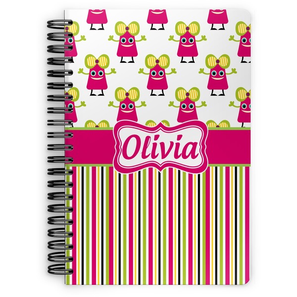 Custom Pink Monsters & Stripes Spiral Notebook - 7x10 w/ Name or Text