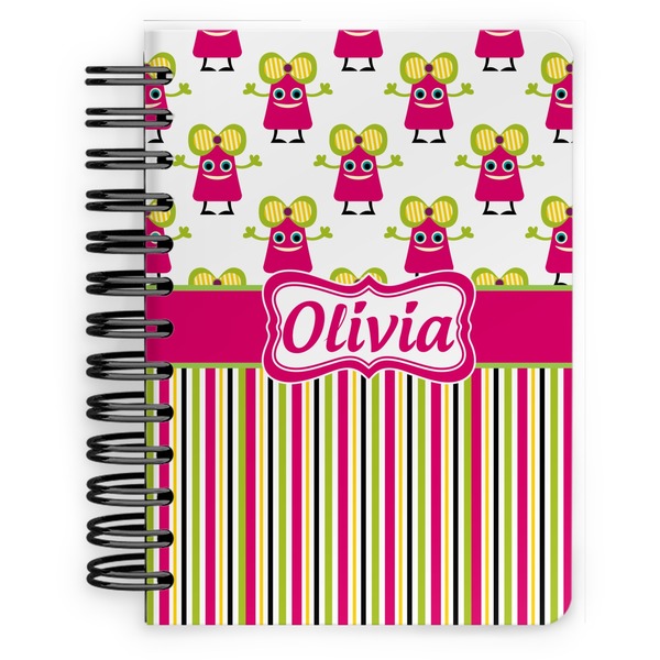 Custom Pink Monsters & Stripes Spiral Notebook - 5x7 w/ Name or Text