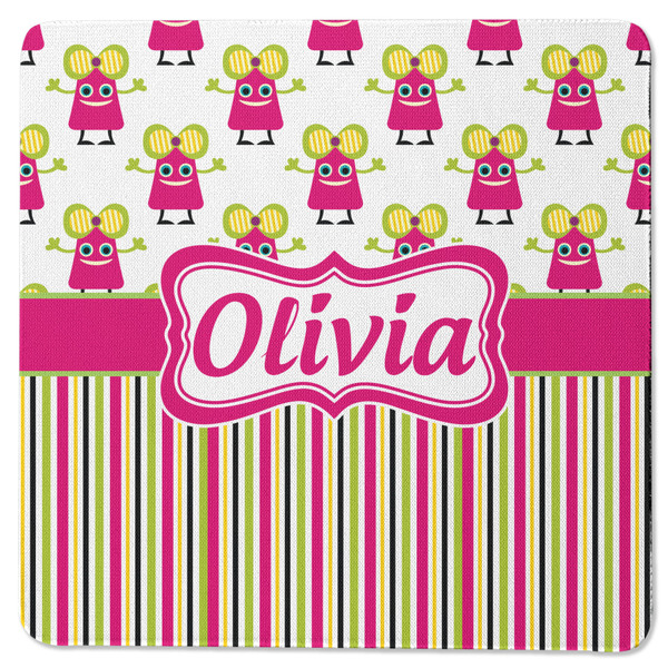 Custom Pink Monsters & Stripes Square Rubber Backed Coaster (Personalized)