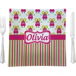 Pink Monsters & Stripes 9.5" Glass Square Lunch / Dinner Plate- Single or Set of 4 (Personalized)