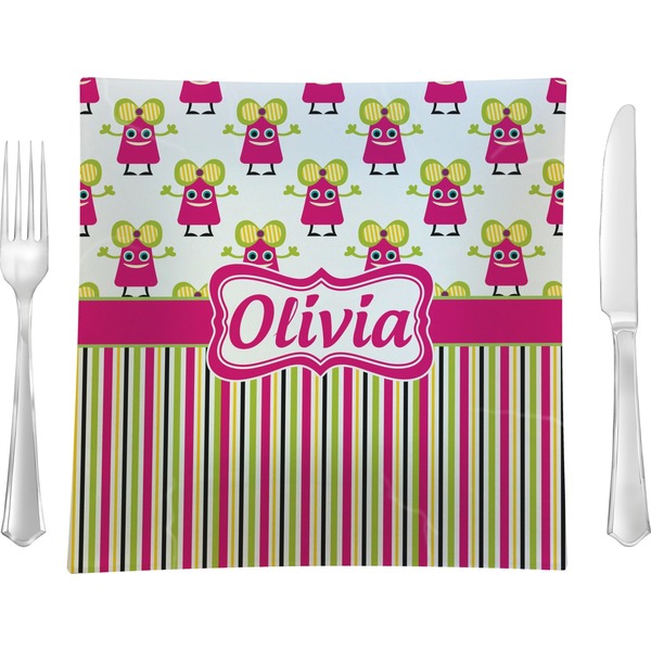 Custom Pink Monsters & Stripes 9.5" Glass Square Lunch / Dinner Plate- Single or Set of 4 (Personalized)