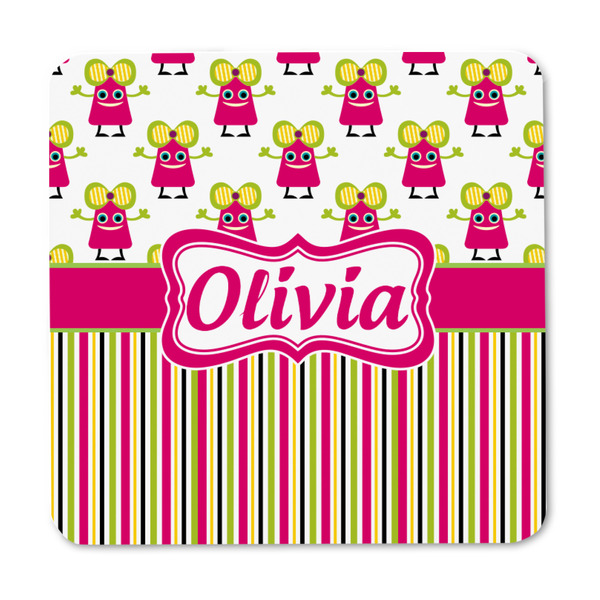 Pink Monsters & Stripes Square Fridge Magnet - FRONT