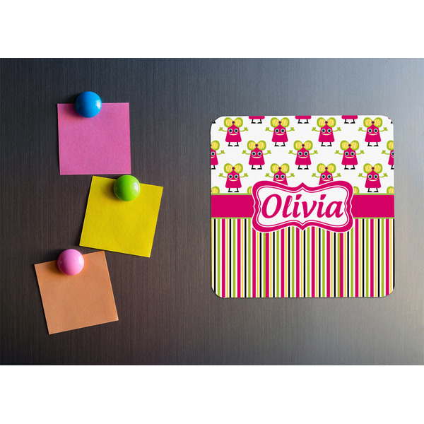 Pink Monsters & Stripes Square Fridge Magnet - LIFESTYLE