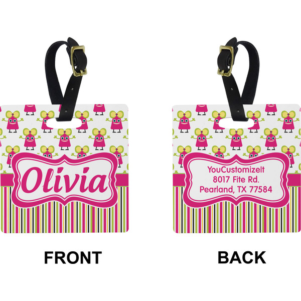 Pink Monsters & Stripes Square Luggage Tag (Front + Back)
