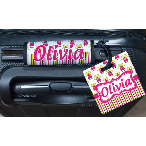 Pink Monsters & Stripes Square Luggage Tag & Handle Wrap - In Context