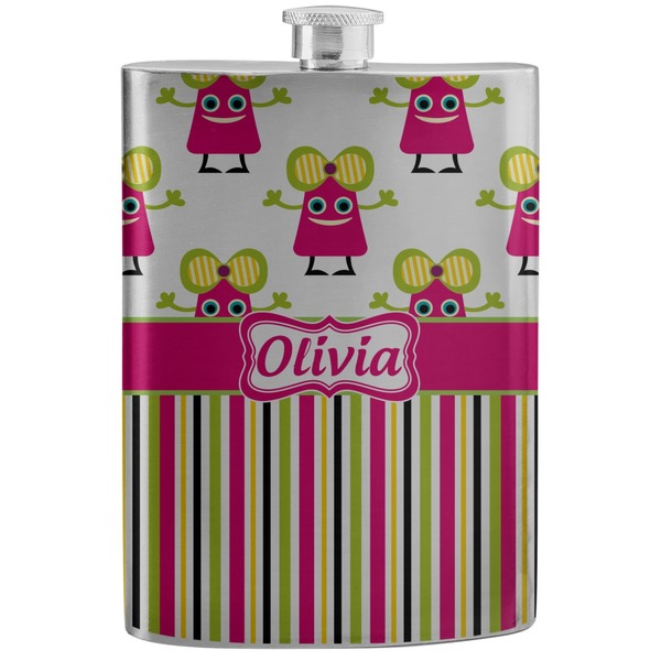 Custom Pink Monsters & Stripes Stainless Steel Flask (Personalized)