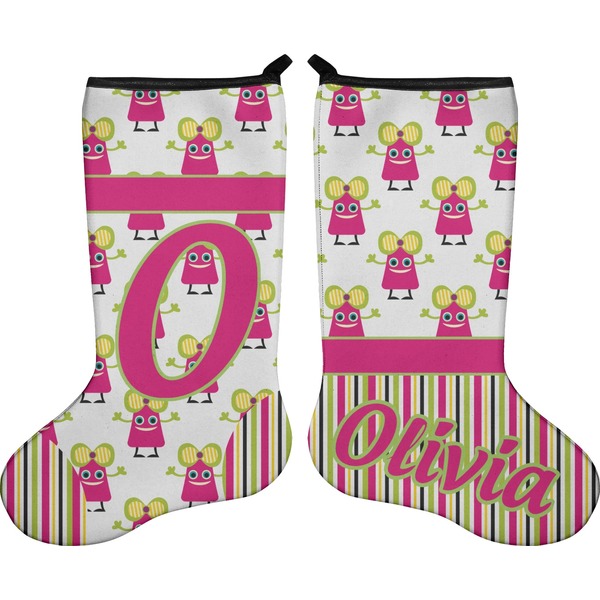 Custom Pink Monsters & Stripes Holiday Stocking - Double-Sided - Neoprene (Personalized)