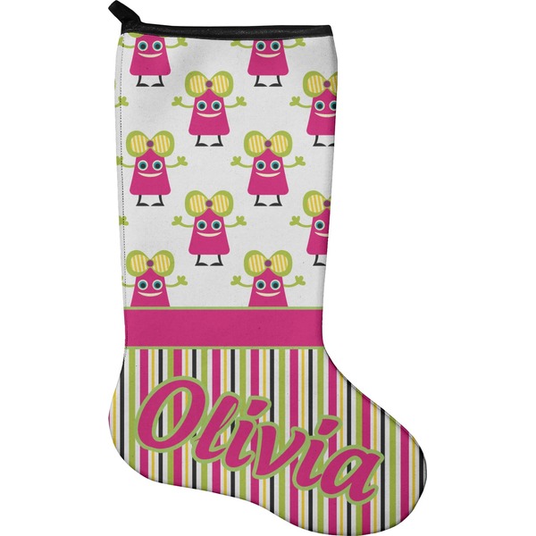 Custom Pink Monsters & Stripes Holiday Stocking - Single-Sided - Neoprene (Personalized)