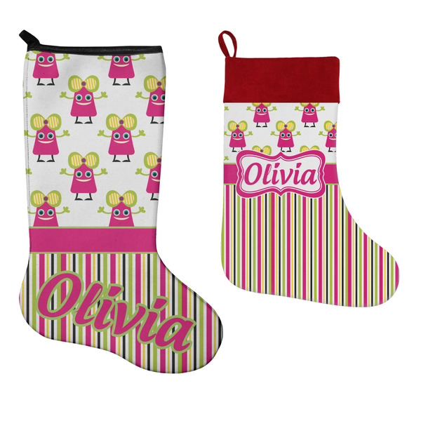 Pink Monsters & Stripes Stockings - Side by Side compare