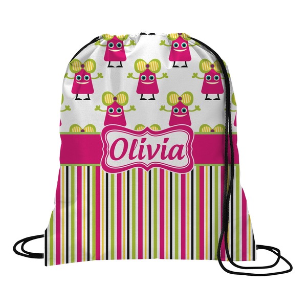 Custom Pink Monsters & Stripes Drawstring Backpack - Medium (Personalized)
