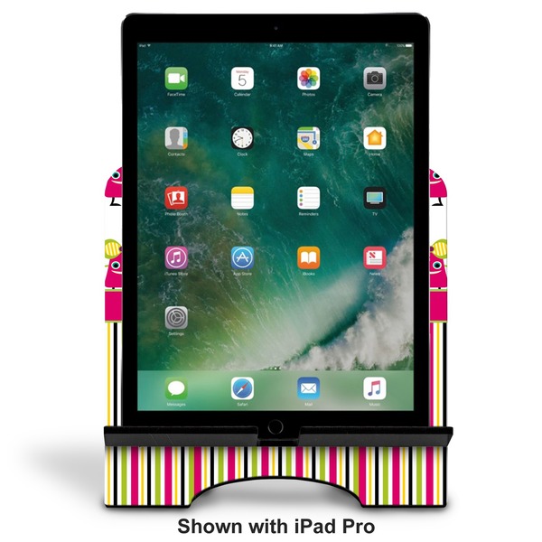 Pink Monsters & Stripes Stylized Tablet Stand - Front with ipad
