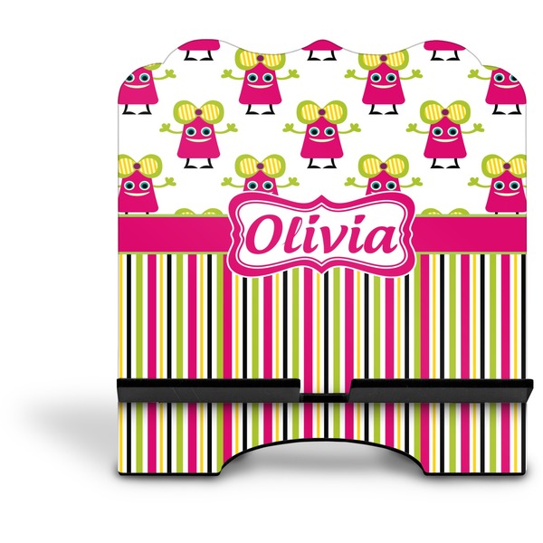 Pink Monsters & Stripes Stylized Tablet Stand - Front without iPad