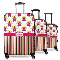 Pink Monsters & Stripes 3 Piece Luggage Set - 20" Carry On, 24" Medium Checked, 28" Large Checked (Personalized)
