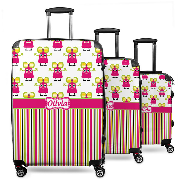Custom Pink Monsters & Stripes 3 Piece Luggage Set - 20" Carry On, 24" Medium Checked, 28" Large Checked (Personalized)