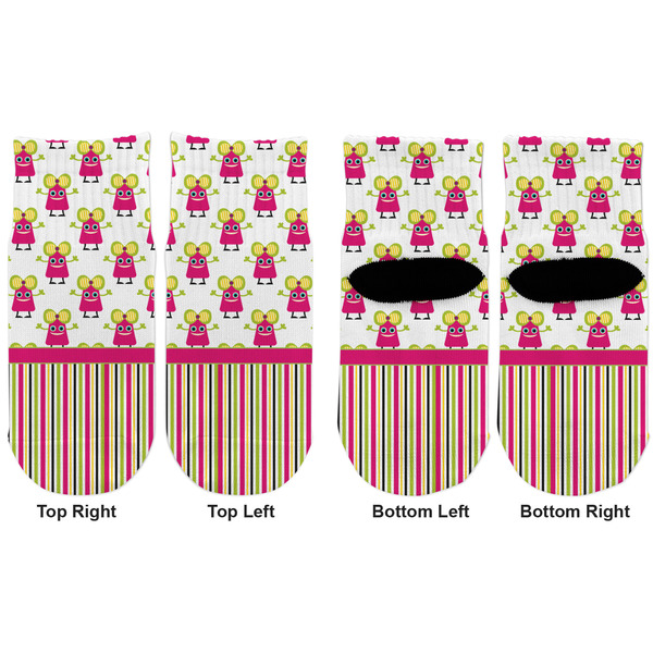 Pink Monsters & Stripes Toddler Ankle Socks - Double Pair - Front and Back - Apvl