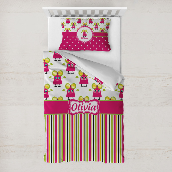 Custom Pink Monsters & Stripes Toddler Bedding Set - With Pillowcase (Personalized)