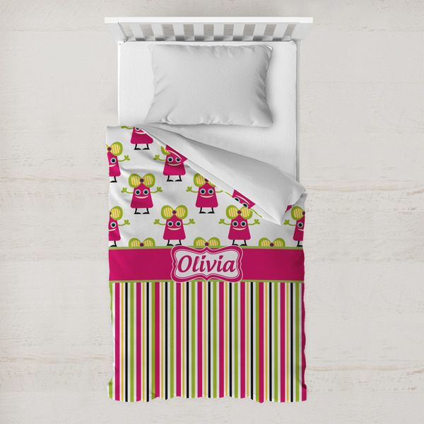 Custom Pink Monsters & Stripes Toddler Duvet Cover w/ Name or Text