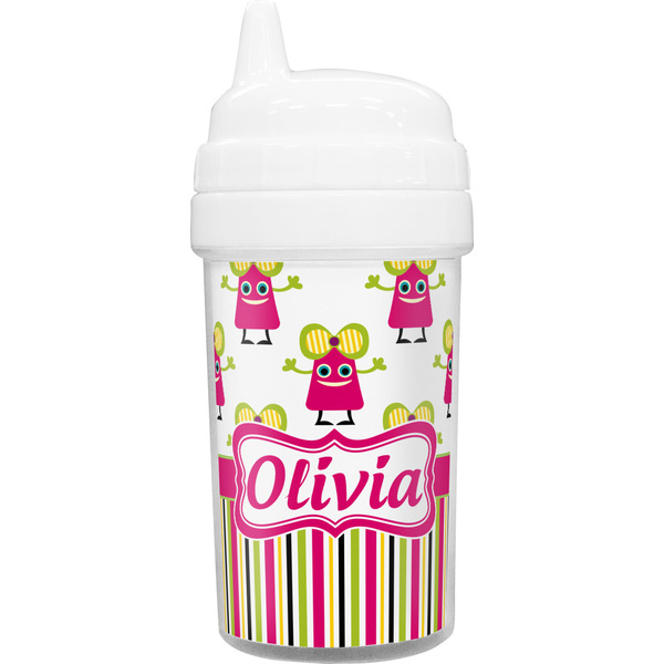 Custom Pink Monsters & Stripes Toddler Sippy Cup (Personalized)