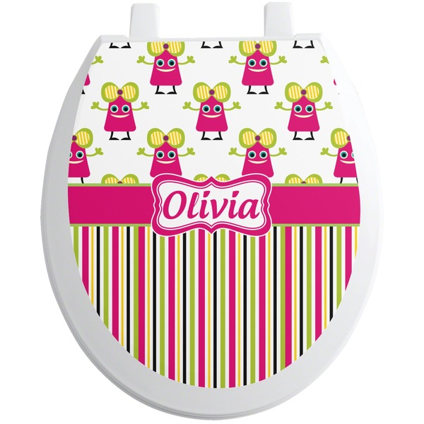 Custom Pink Monsters & Stripes Toilet Seat Decal (Personalized)