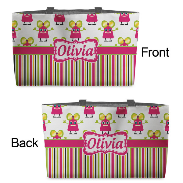 Pink Monsters & Stripes Tote w/Black Handles - Front & Back Views