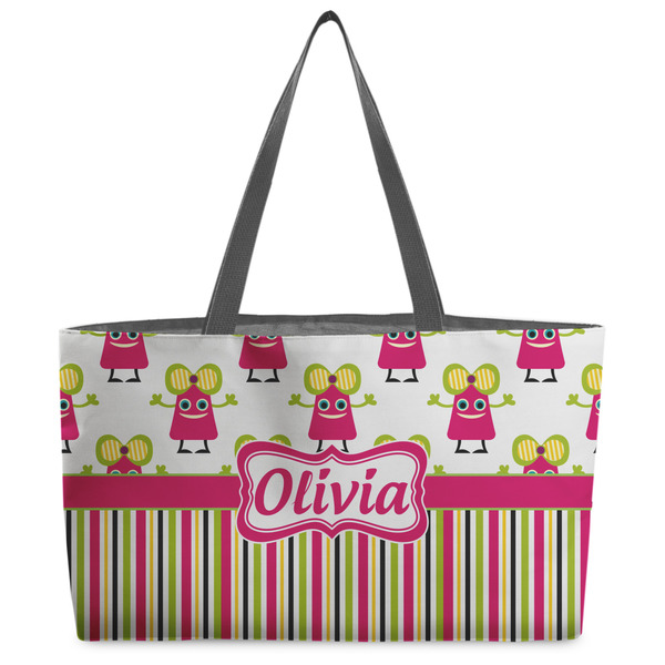 Custom Pink Monsters & Stripes Beach Totes Bag - w/ Black Handles (Personalized)