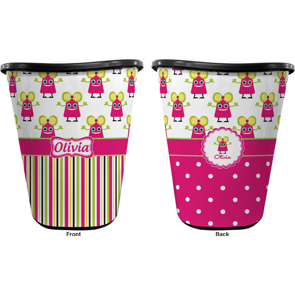 Pink Monsters & Stripes Trash Can Black - Front and Back - Apvl