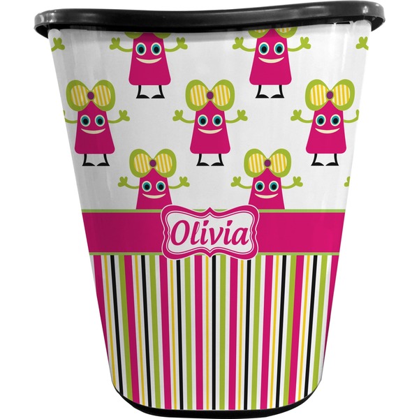 Custom Pink Monsters & Stripes Waste Basket - Double Sided (Black) (Personalized)