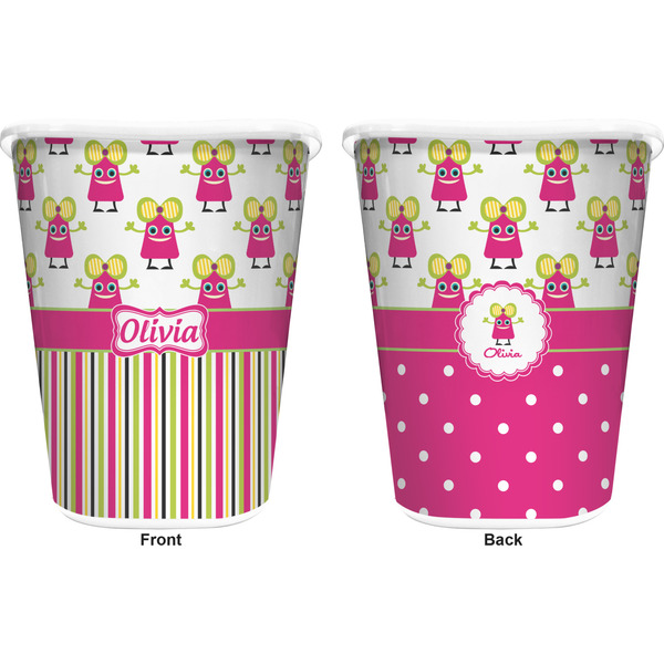 Pink Monsters & Stripes Trash Can White - Front and Back - Apvl